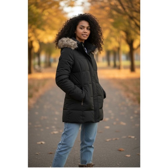 Jones New York Black Puffer Jacket with Faux Fur Trim - Picture 2 of 6